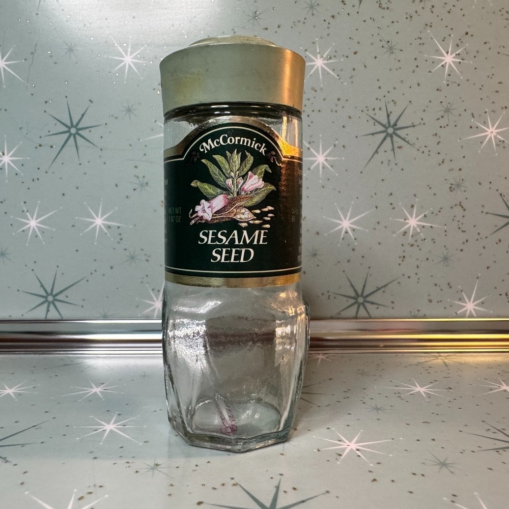 Vintage McCormick Spice‎ Jar Sesame Seed Green Label Glass Bottle Set Available